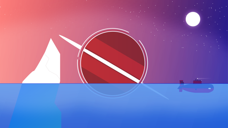 Sous-marin au milieu de l'océan, dans un style épuré, avec un iceberg et une planète en fond.