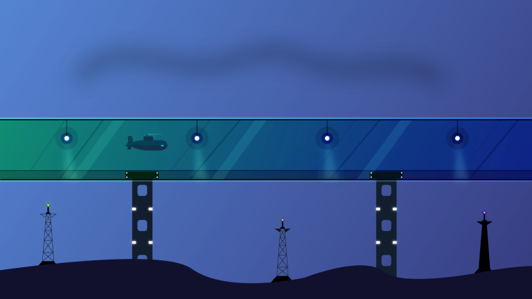 Sous-marin continuant son voyage sous la mer, par le biais d'un tunnel. Des mystérieuses antennes sont également présentes.