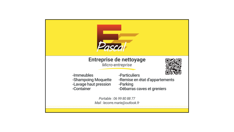 Carte de visite d'une société spécialisée dans le nettoyage, appelée Entreprise Pascal.