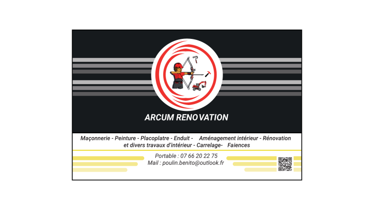 Carte de visite d'une société spécialisée dans le bâtiment, appelée Arcum Renovation.