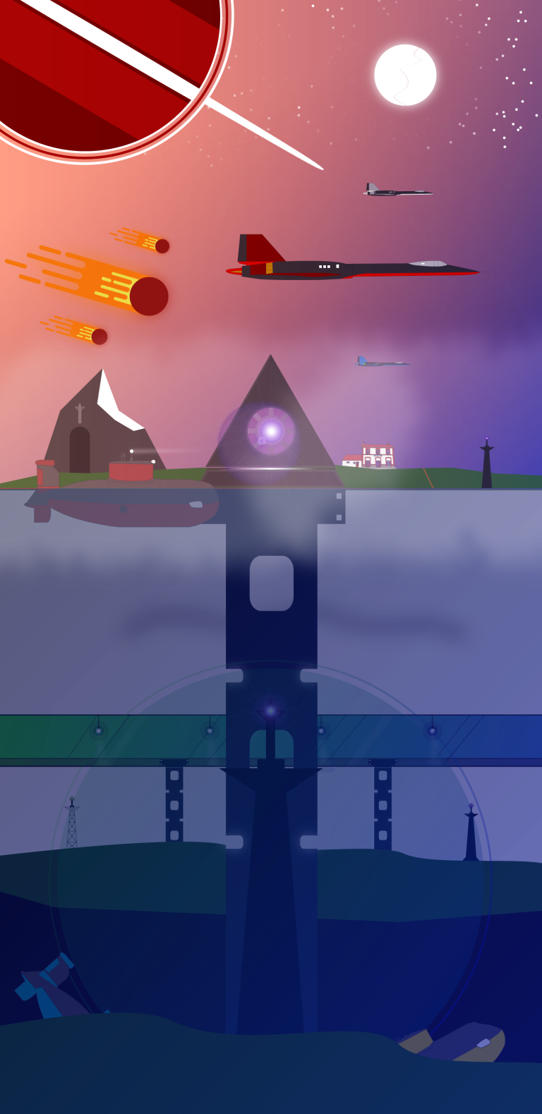 Sous-marin au milieu d'un immense chaos, comprenant des chutes de météorites, le passage d'avions et l'activation d'une mystérieuse pyramide.