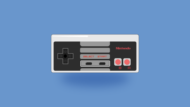Reproduction vectorielle d'une manette NES sur fond bleu.